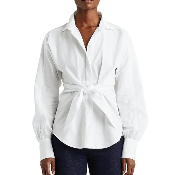 Lauren Ralph Lauren Cotton Puffed Long Sleeves Button Down Self-Tie Front Shirt - Picture 3 of 15